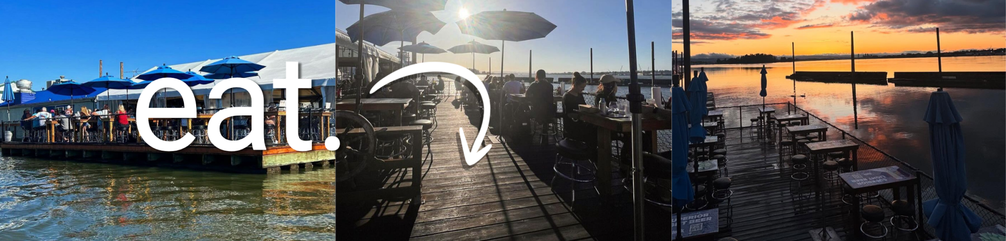 Outdoor dining by the water with umbrellas, featuring the word 'eat.'