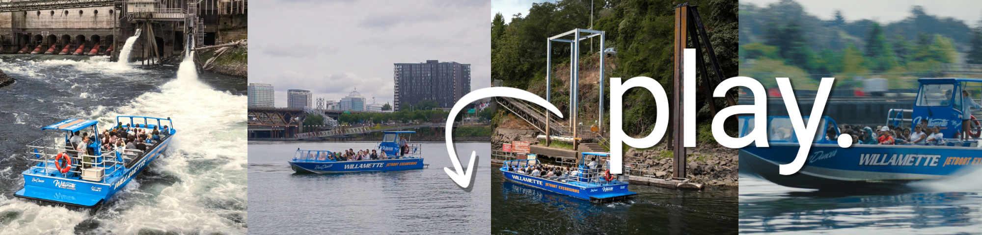 Four blue tour boats on a river; text 'play' with an arrow overlaid.