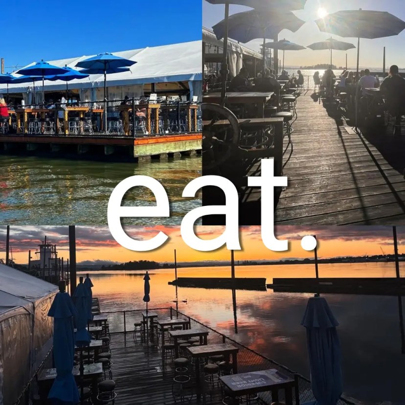 Outdoor dining areas on a dock by the water at different times of day with 'eat.' text overlay.