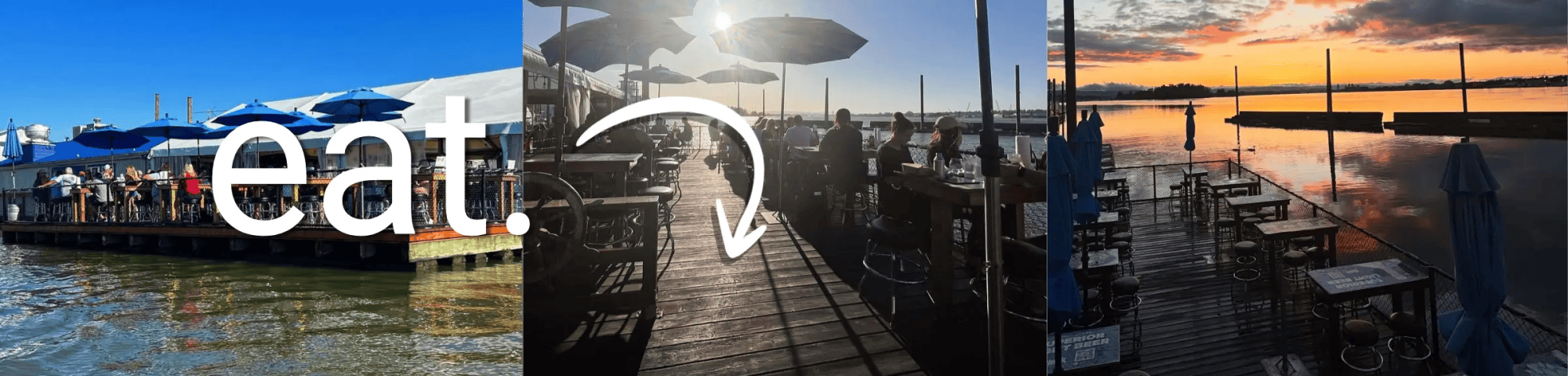 Composite image of dining scenes near water at different times of day.
