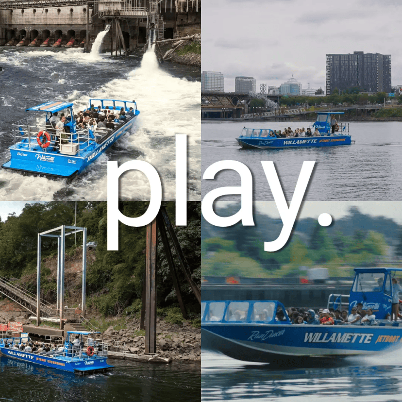 Collage of blue tour boats on a river with city and greenery backgrounds.