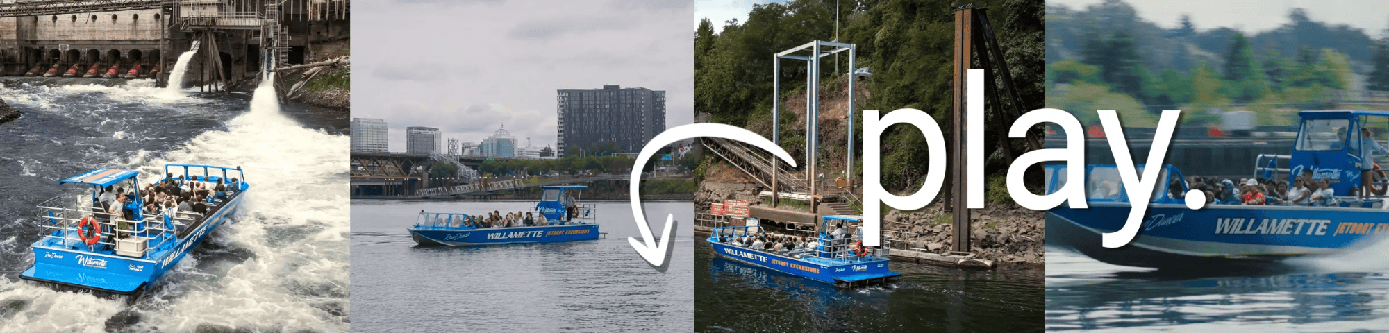 Four images of blue Willamette tour boats on water with 'play.' text overlay.