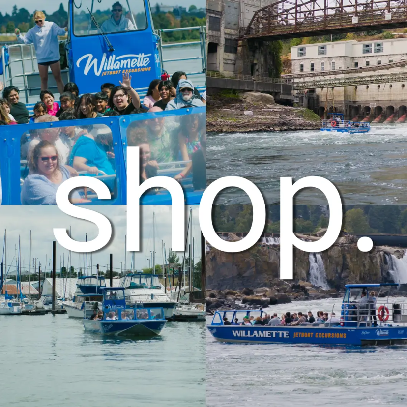 Collage of sightseeing boat tours on a river with Willamette Jetboat Excursions.