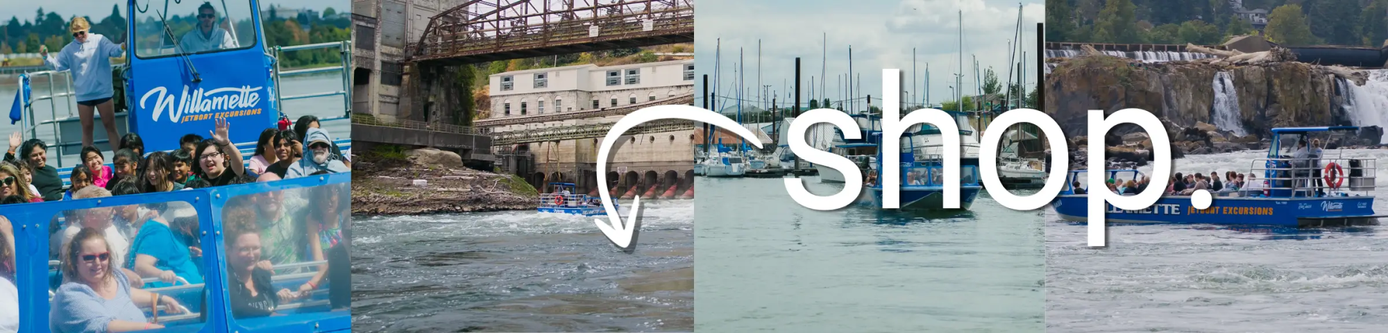 Four images of a blue boat tour with passengers in scenic waters, overlaid with 'shop.' text.